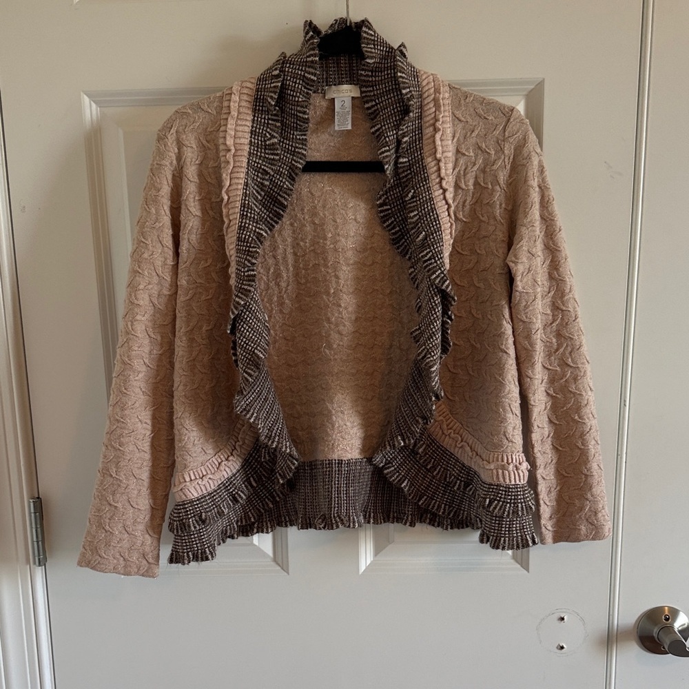Chicos size 2 ruffle open front textured cardigan W Gold Metallic Threading Med